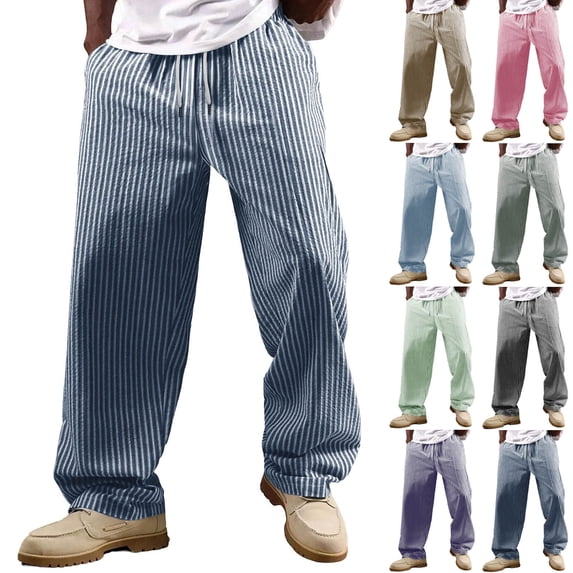 Horkkom Linen Pants Men Elastic Waist Striped Pants Summer Breathable Loose Casual Pants with Pockets L