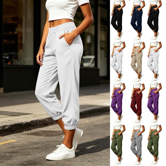 Horkkom Linen Pants Women Cotton Elastic Waist Cuffed Pants Summer Beach Vacation Casual Pants with Pockets XXL