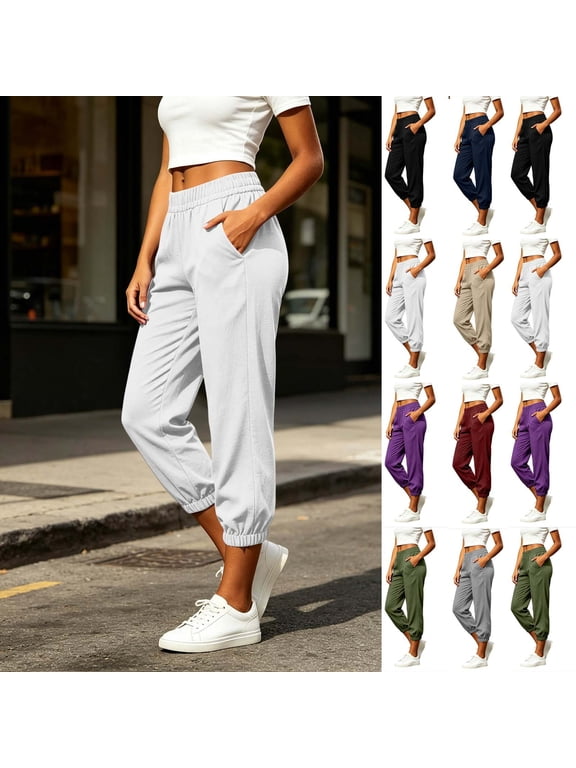 Linen Pants Women Cotton Elastic Waist Cuffed Pants Summer Beach Vacation Casual Pants with Pockets XXL