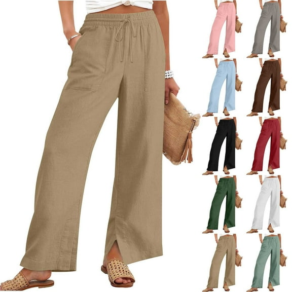 Horkkom Linen Pants Women Solid Color Elastic Waist Wide Leg Pants Summer Loose Flowy Casual Pants with Pockets Drawstring M