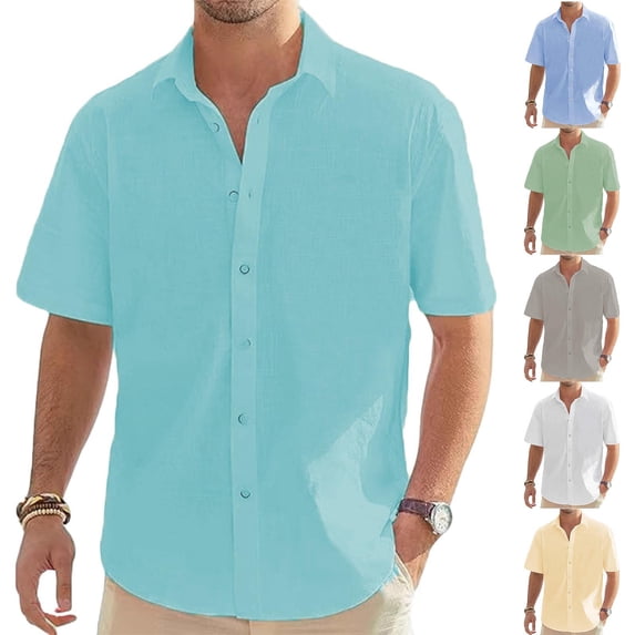 Horkkom Linen Shirts for Men Button Down Solid Color Short Sleeve Shirts Summer Beach Loose Casual Shirts XXXXL