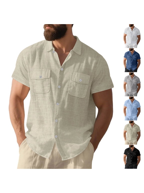 Linen Shirts for Men Button Down Solid Color Short Sleeve Shirts Summer Casual Shirts with Pockets L