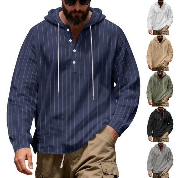 Horkkom Linen Shirts for Men Long Sleeve Solid Color Button Down Shirt Summer Casual Loose Shirts with Hood Drawstring M