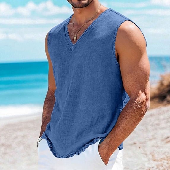 Horkkom Linen Shirts for Men V Neck Solid Color Sleeveless Shirts Beach Vacation Breathable Tank Tops, S-4XL