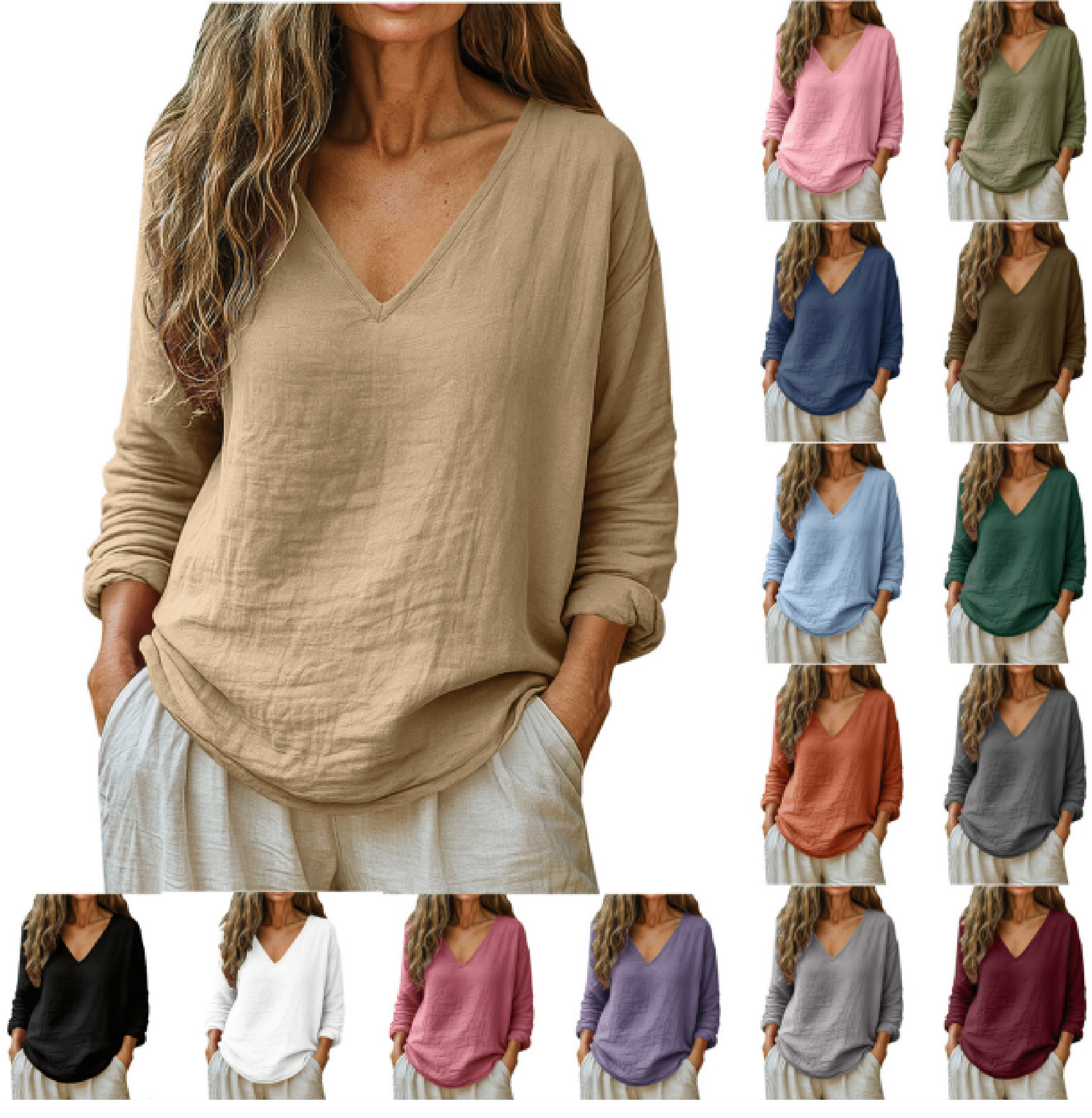 Horkkom Linen Shirts for Women V Neck Long Sleeve Blouses Summer Loose ...