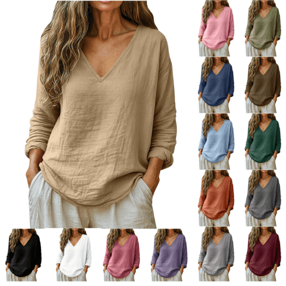 Horkkom Linen Shirts for Women V Neck Long Sleeve Blouses Summer Loose Casual Shirts L