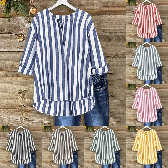 Horkkom Linen Shirts for Women V Neck Vertical Striped Print 3/4 Length Sleeve Tops Casual Loose Striped Shirt XL, Gifts for Women