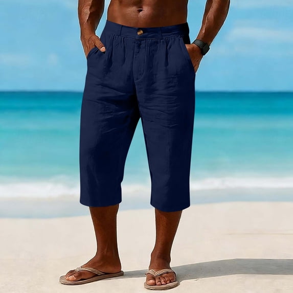Horkkom Linen Shorts for Men Solid Color Button Zipper Casual Shorts Breathable Summer Beach Shorts with Pockets, S-3XL