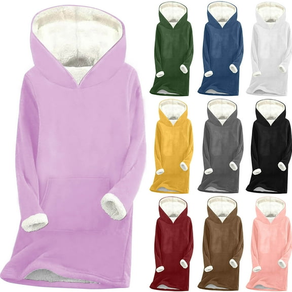 Horkkom Long Fleece Hoodies for Women Winter Pullover Soft Sweatshirts Warm Fleece Hoodie with Pocket L