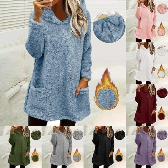 Horkkom Long Hoodies for Women Fuzzy Fleece Hoodie Winter Warm Solid Color Sweatshirt with Pockets L, Gifts for Women