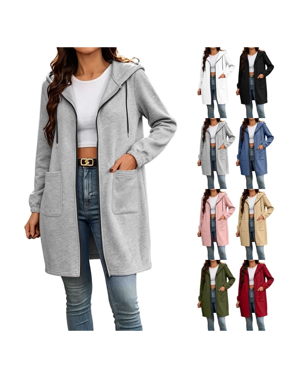 Long Hoodies for Women Long Sleeve Tunic Zip Up Sweatshirt Casual Hooded Jackets with Pockets L