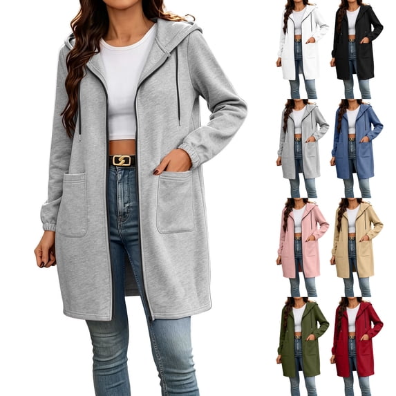 Horkkom Long Hoodies for Women Long Sleeve Tunic Zip Up Sweatshirt Casual Hooded Jackets with Pockets S