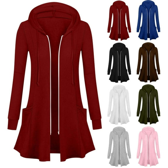 Horkkom Long Hoodies for Women with Pockets Drawstring Zip Up Hoodie Casual Party Zip Up Jackets S, Gifts for Women
