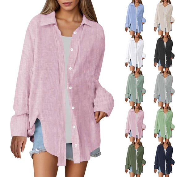 Horkkom Long Sleeve Button Up Shirts for Women Casual Solid Color Button Down Shirts Loose Textured Collared Work Tops XL, Gifts for Women