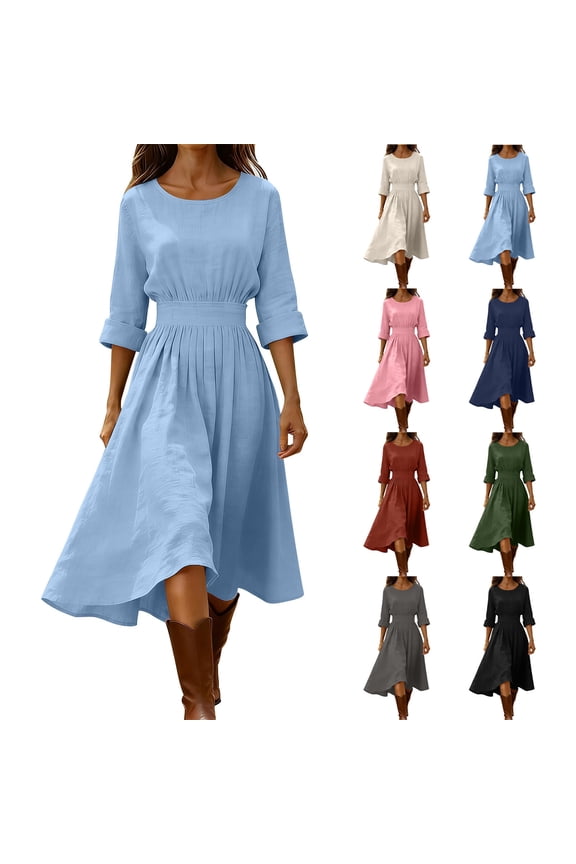Long Sleeve Dress for Women A Line Maxi Dresses Casual Solid Color Pleated Dress L