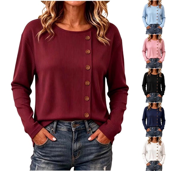 Horkkom Long Sleeve Shirts for Women Button Crew Neck Plain T Shirts Relaxed Casual Work Tops, S-2XL