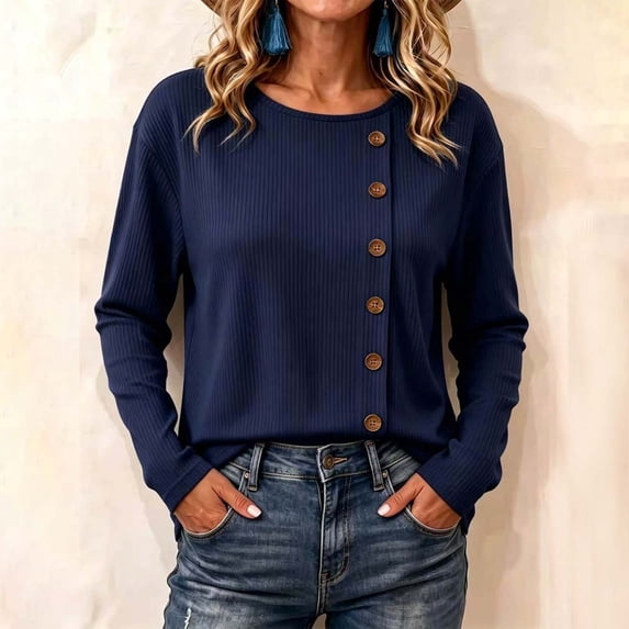 Horkkom Long Sleeve Shirts for Women Button Crew Neck Plain T Shirts Relaxed Casual Work Tops, S-2XL