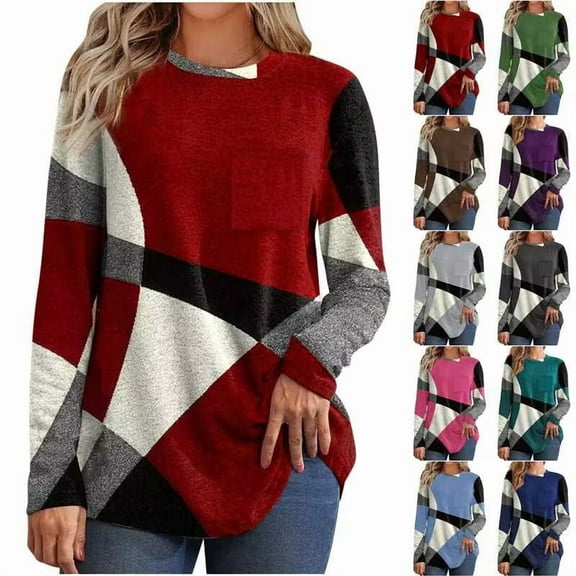Horkkom Long Sleeve Shirts for Women Crew Neck Color Block Tops Fall Casual Comfy Pullover Blouses, Gifts for Women 2XL