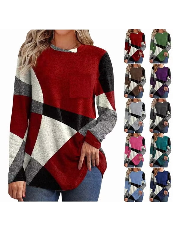Long Sleeve Shirts for Women Crew Neck Color Block Tops Fall Casual Comfy Pullover Blouses, Gifts for Women XL