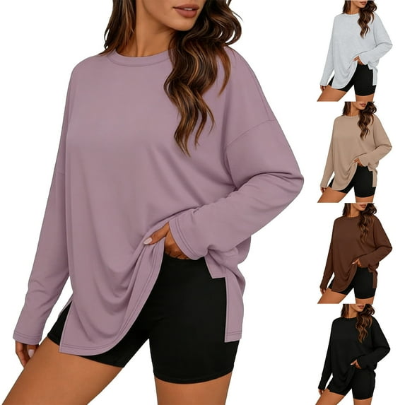 Horkkom Long Sleeve Shirts for Women Crew Neck Oversized Plain T Shirts Casual Loose Solid Color Basic Tees Slid Side XL