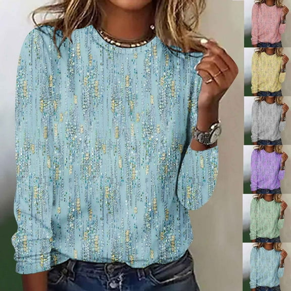 Horkkom Long Sleeve Shirts for Women Sequins Print Round Neck Tops Fashion Loose Lightweight Blouses, Gifts for Women