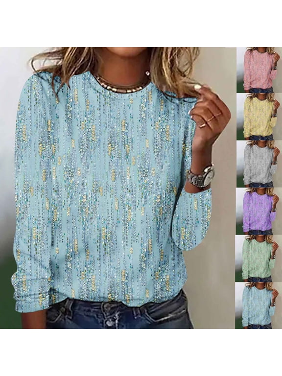 Long Sleeve Shirts for Women Sequins Print Round Neck Tops Fashion Loose Lightweight Blouses, Gifts for Women