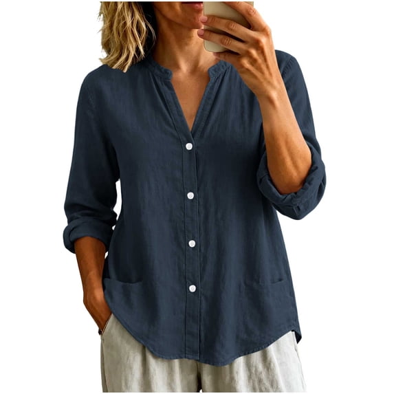 Horkkom Long Sleeve Shirts for Women Soft V Neck Roll up Sleeve Linen Shirts Button Down Casual Tops with Pockets M
