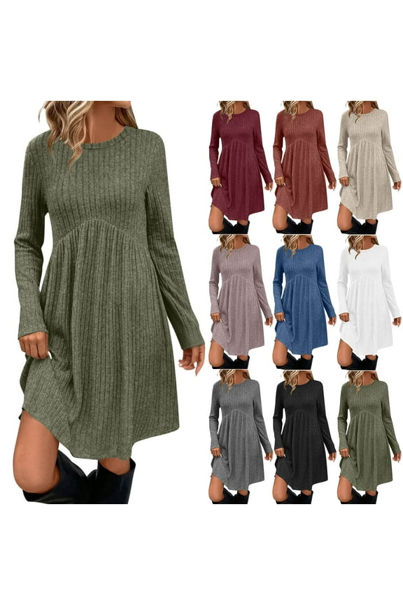 Long Sleeve Sweater Dress for Women Crewneck Solid Color Fall Dresses Casual Mini Knit Dress with Pockets L