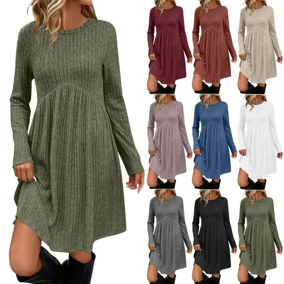 Horkkom Long Sleeve Sweater Dress for Women Crewneck Solid Color Fall Dresses Casual Mini Knit Dress with Pockets S