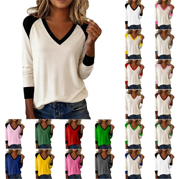 Horkkom Long Sleeve V Neck Shirts for Women Spring Long Sleeve Blouses Loose Casual Tops L