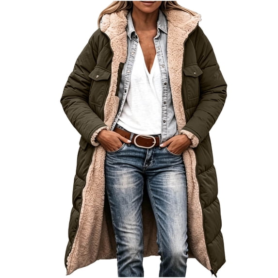 Horkkom Long Winter Coats for Women Plus Size Zip Up Fleece Lined Soft Jacket Warm Hooded Coat with Pockets L