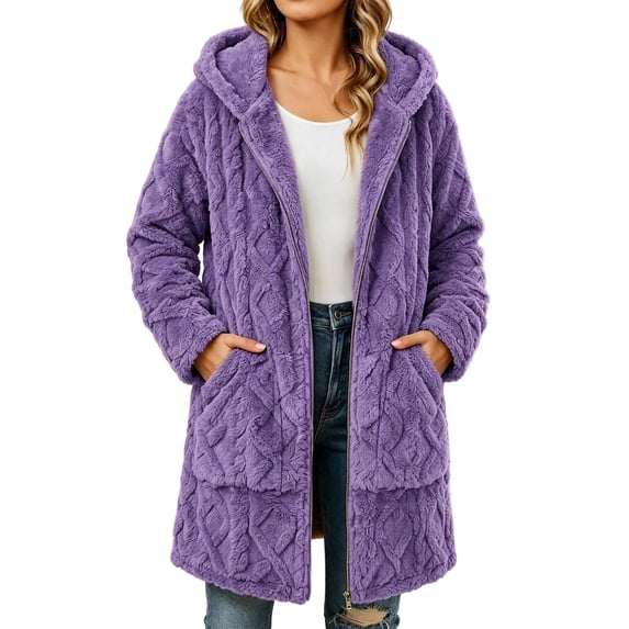 Horkkom Long Winter Coats for Women Zip Up Fleece Hooded Cardigan Warm Soft Coats with Pockets M