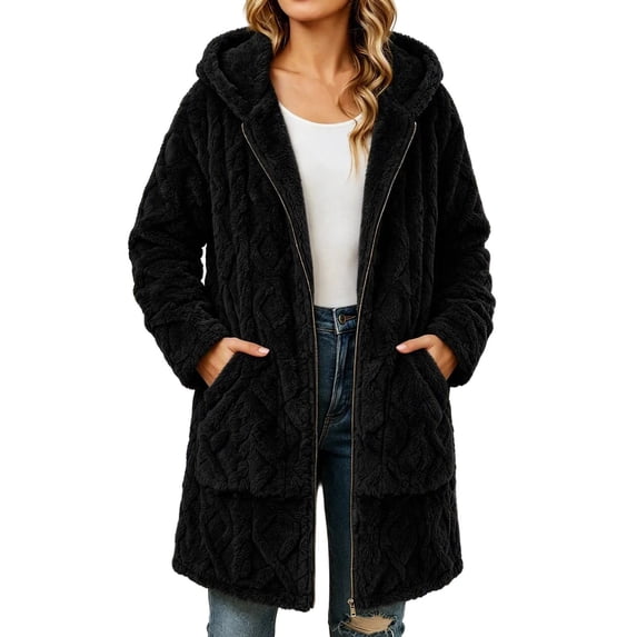 Horkkom Long Winter Coats for Women Zip Up Fleece Hooded Cardigan Warm Soft Coats with Pockets XXL