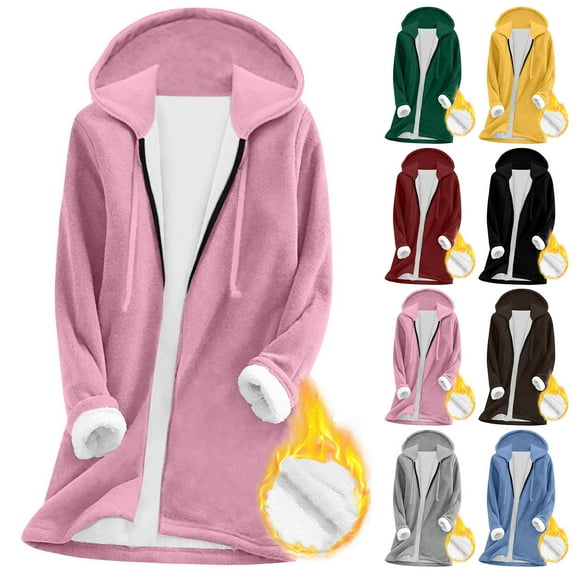 Horkkom Long Zip Up Hoodie Women Fuzzy Soft Fleece Jacket Warm Solid Color Winter Coats with Pockets Drawstring XL
