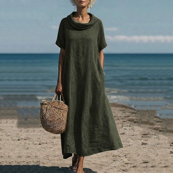 Horkkom Maxi Dresses for Women Linen Short Sleeve Crew Neck Summer Dresses Flowy Casual Long Dresses, S-3XL