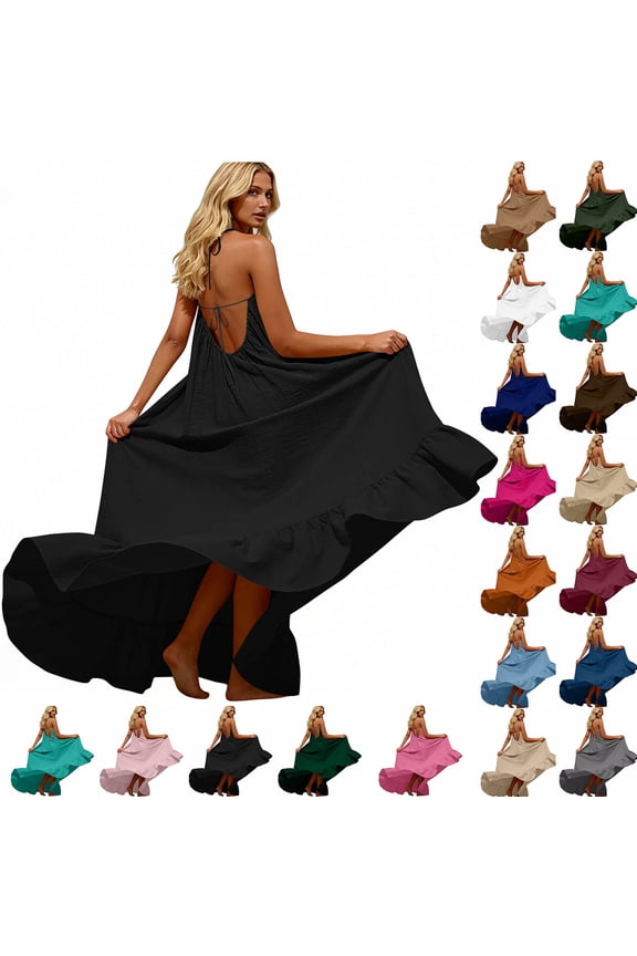 Maxi Dresses for Women Summer Beach Backless Dresses Flowy Vacation Spaghetti Strap Dresses M
