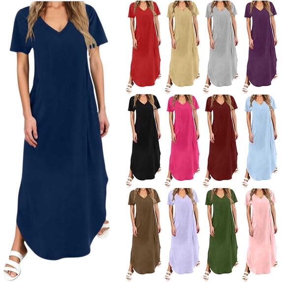 Horkkom Maxi Dresses for Women Summer Short Sleeve Tshirt Dress V Neck Solid Color Trendy Casual Dresses with Pockets M