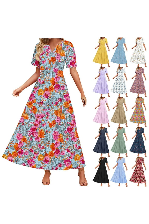 Maxi Dresses for Women Summer V Neck Boho Floral Dress Short Sleeve Tiered A Line Dresses Hot Pink S