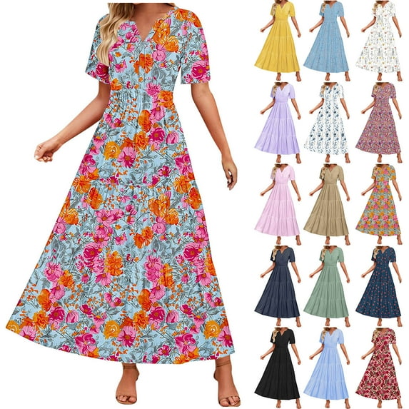 Horkkom Maxi Dresses for Women Summer V Neck Boho Floral Dress Short Sleeve Tiered A Line Dresses White M