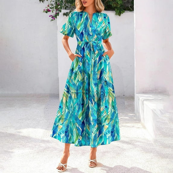 Horkkom Maxi Dresses for Women Summer V Neck Boho Floral Dress Short Sleeve Tiered A Line Dresses with Pockets Green L