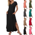 thumbnail image 1 of Horkkom Maxi Dresses for Women Summer V Neck Short Sleeve Dress Casual Loose Long Dresses with Pockets Slit Side L, 1 of 7