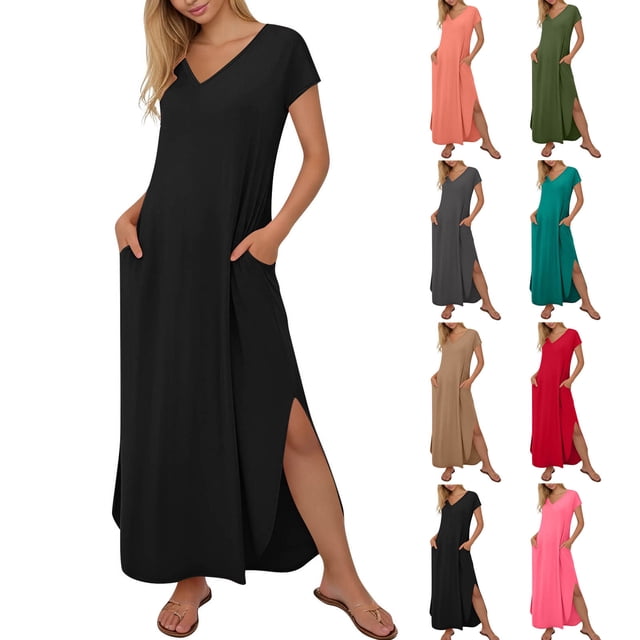 Horkkom Maxi Dresses for Women Summer V Neck Short Sleeve Dress Casual Loose Long Dresses with Pockets Slit Side M