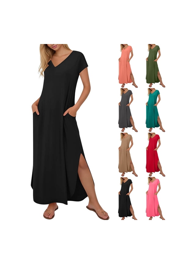 Maxi Dresses for Women Summer V Neck Short Sleeve Dress Casual Loose Long Dresses with Pockets Slit Side XL