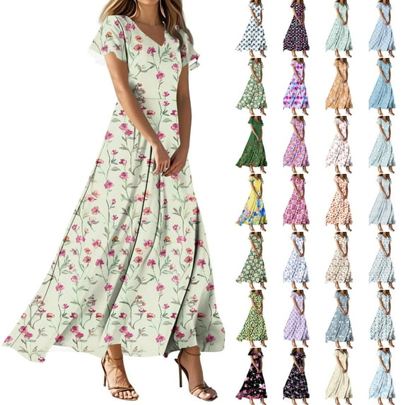 Horkkom Maxi Dresses for Women Summer V Neck Short Sleeve Floral Dress Casual A Line Vacation Beach Dress, Gifts for Women XL