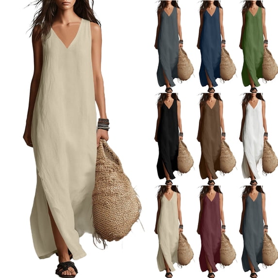 Horkkom Maxi Dresses for Women V Neck Sleeveless Dress Summer Flowy Beach Long Dresses with Slit Side XXL