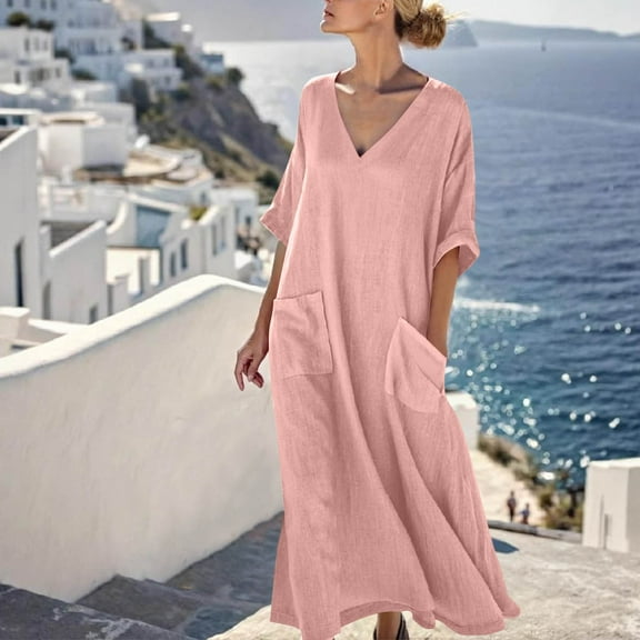 Horkkom Maxi Dresses for Women V Neck Solid Color 3/4 Sleeve Dress Summer Casual Loose Long Dresses with Pockets 2XL, Gifts for Women