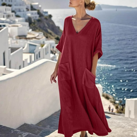 Horkkom Maxi Dresses for Women V Neck Solid Color 3/4 Sleeve Dress Summer Casual Loose Long Dresses with Pockets S, Gifts for Women