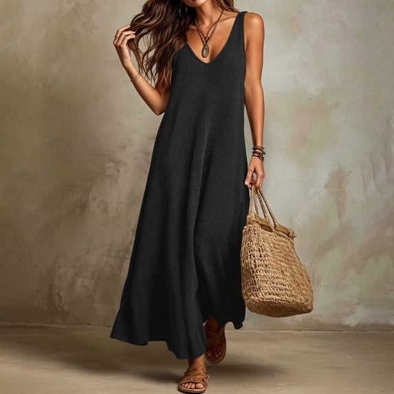 Horkkom Maxi Dresses for Women V Neck Solid Color Sleeveless Dress Flowy Summer Casual Dresses, S-2XL