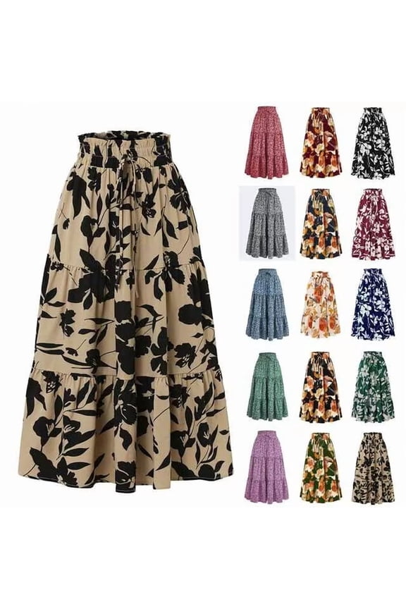 Horkkom Maxi Skirts for Women High Waist A Line Floral Skirts Summer Causal Pleated Skirts with Elastic Waist Drawstring L