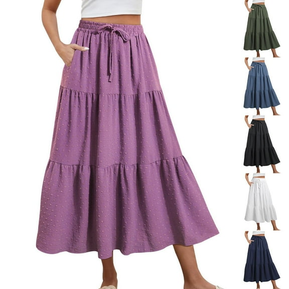 Horkkom Maxi Skirts for Women High Waist Pleated Skirts Summer Causal Loose A Line Skirt S